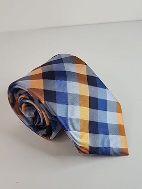 John Sparks Mens Tie Checked Plaid Blue and Orange